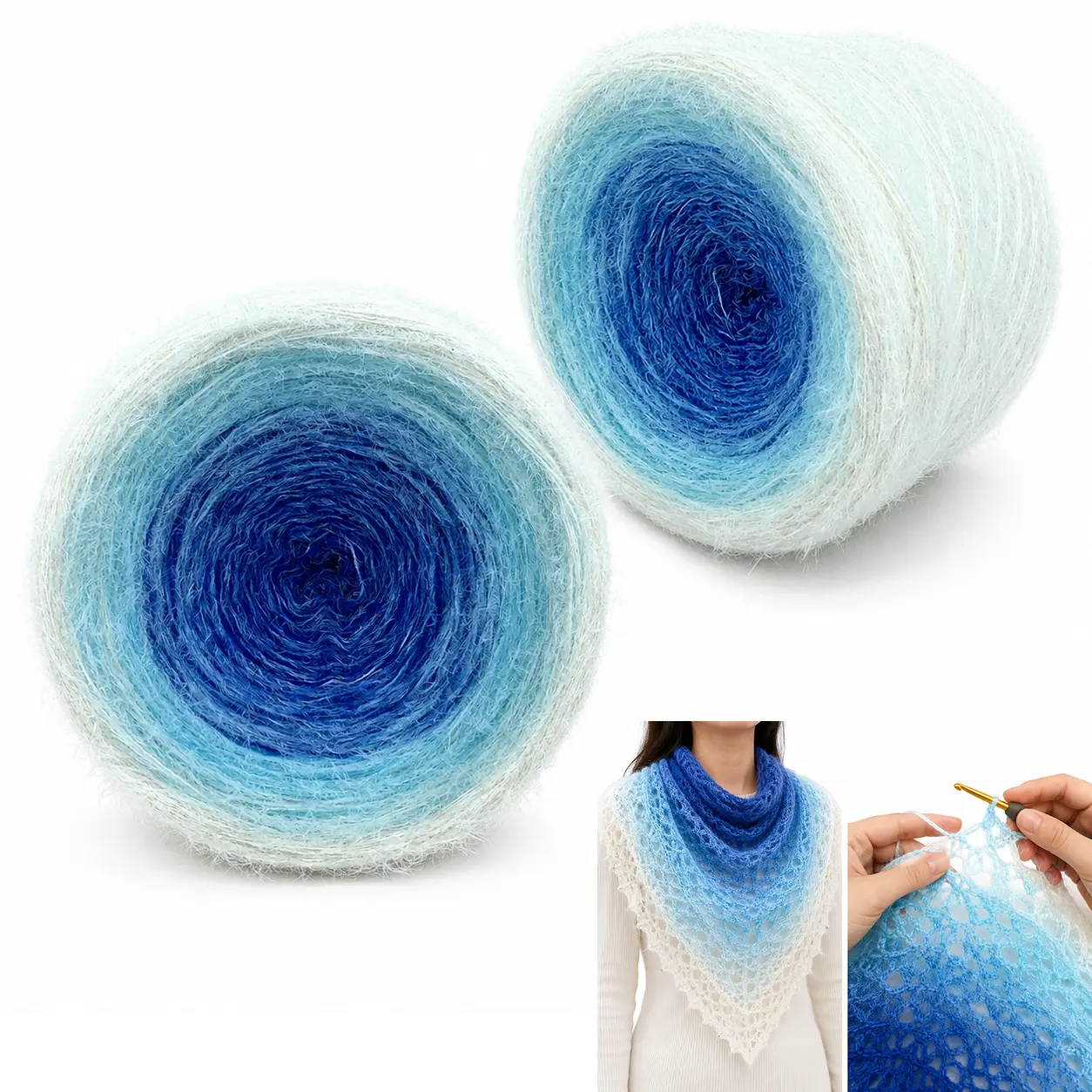 2 Pack 600g/21.16oz Long Hair Gradient Ombre Cake Yarn, Fluffy Crochet & Knitting Yarn with 2 Hooks & 8 Stitch Markers for Shawls, Blankets & Scarves