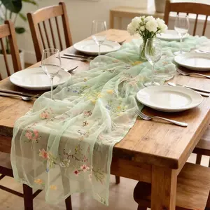 Lace Table Runner Green with Wildflower Embroidery Spring Summer Tulle Lace Runner, 75x180cm/ 29x71 inch, Floral Table Runner Seasonal Kitchen Home Decor Dinner Wedding Bridal Baby Shower Holiday Party Decor (Sage Green)