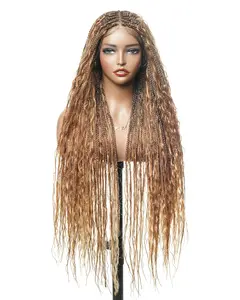 Super High Density 36" Blend Color #30/27 Pre Bleached HD Lace 121 Strands Knotless Boho Box Braided Wig