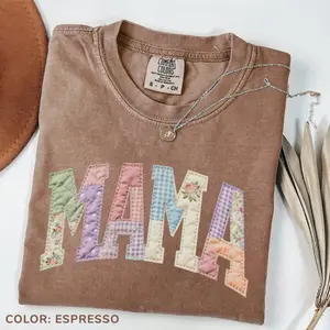 Comfort Colors Faux Quilted Patchwork Mama Shirt, Vintage Floral Mama Tee, Pastel Gingham Mom Shirt, Mothers Day, Gift For Mom Spring Mama Tee, Printed Shirt