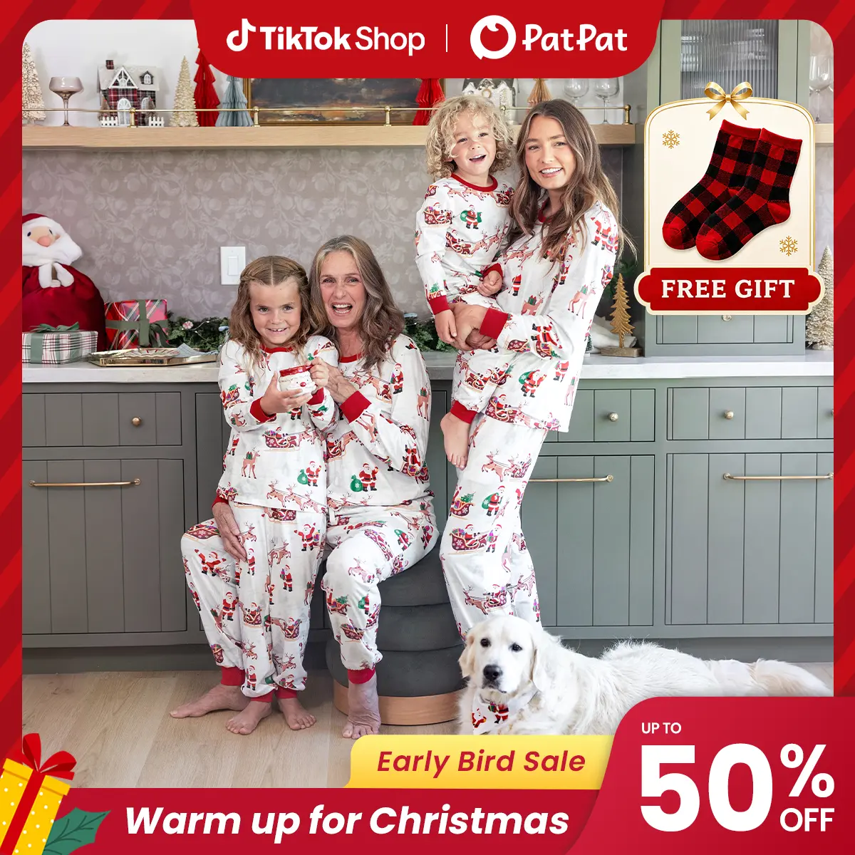 Early Bird | PatPat Mommy & Me Family Matching Christmas Pajamas with Socks Gift, Classic Crew Neck Santa Sleigh & Reindeer Print Elastic Waist Set