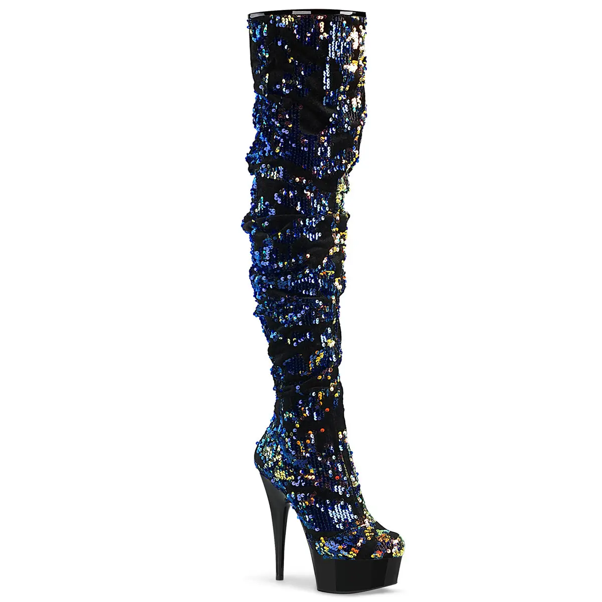 Women's Boot in Blue Sequin, Slouch Over-The-Knee Style with 6" High Heel, 1.75" Platform and Inside Zip Closure, Shoe, Footwear, Sequin Fabric, Slouch Boot, 1 3/4" (45Mm), Sparkle Effect, Slouch Fit