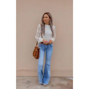 Sunflower Lace Mesh Sleeve Waffle Knit Top | S-XL