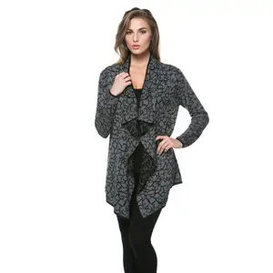 CRD-02352 Women's Knitted Cracked Print Draped Open Front Cardigan