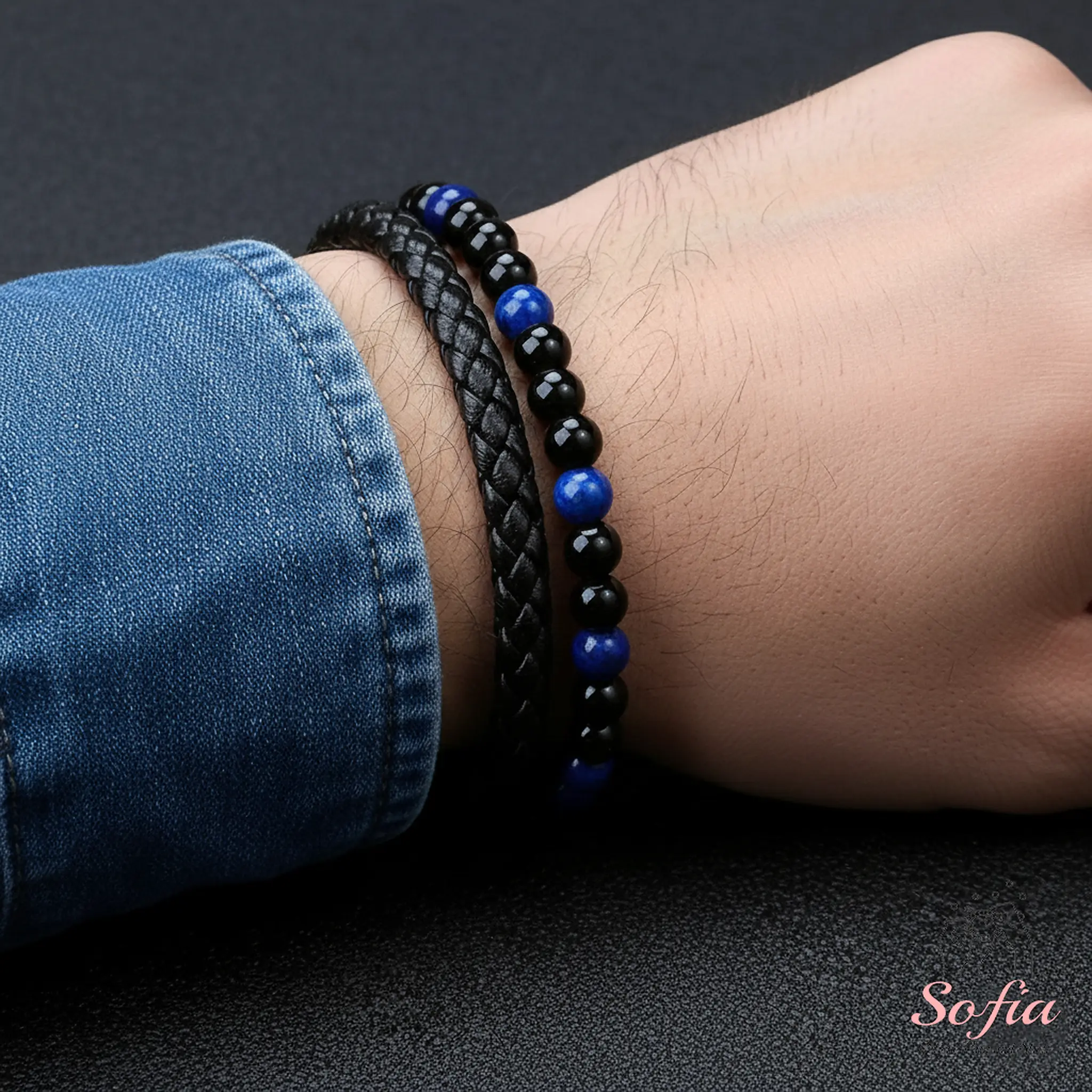 SofiaDesignsBoutique Men's Boho Bracelet, Braided Faux Leather with Lapis Lazuli and Obsidian Stone, Magnetic Closure, 8 Inch Length, High Quality Bracelet, Leather Bracelet