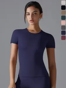 Women Sport T-shirts, High Elasticity Sporty Short Sleeves, Tight Fit Yoga Top, Solid Color Round Neck Running & Jogging Gym Wear, Gym Workout Tee, Gym Performance Top