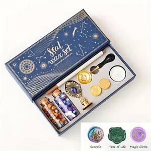 Seal Wax Set - Traditional Envelope Seal Wax Tape Box with Star Shaped Beads 3 Wax Seal Stamps Metal Pen & Candle Gift & Decoration Set for Elegant Correspondence