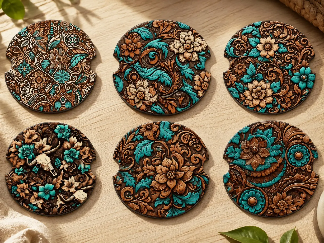 Western Floral Soapstone Car Coasters – Turquoise & Brown Boho Cowboy Cup Holder Coaster Set
