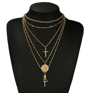 Fashion layered chain necklace with cross and rose pendant