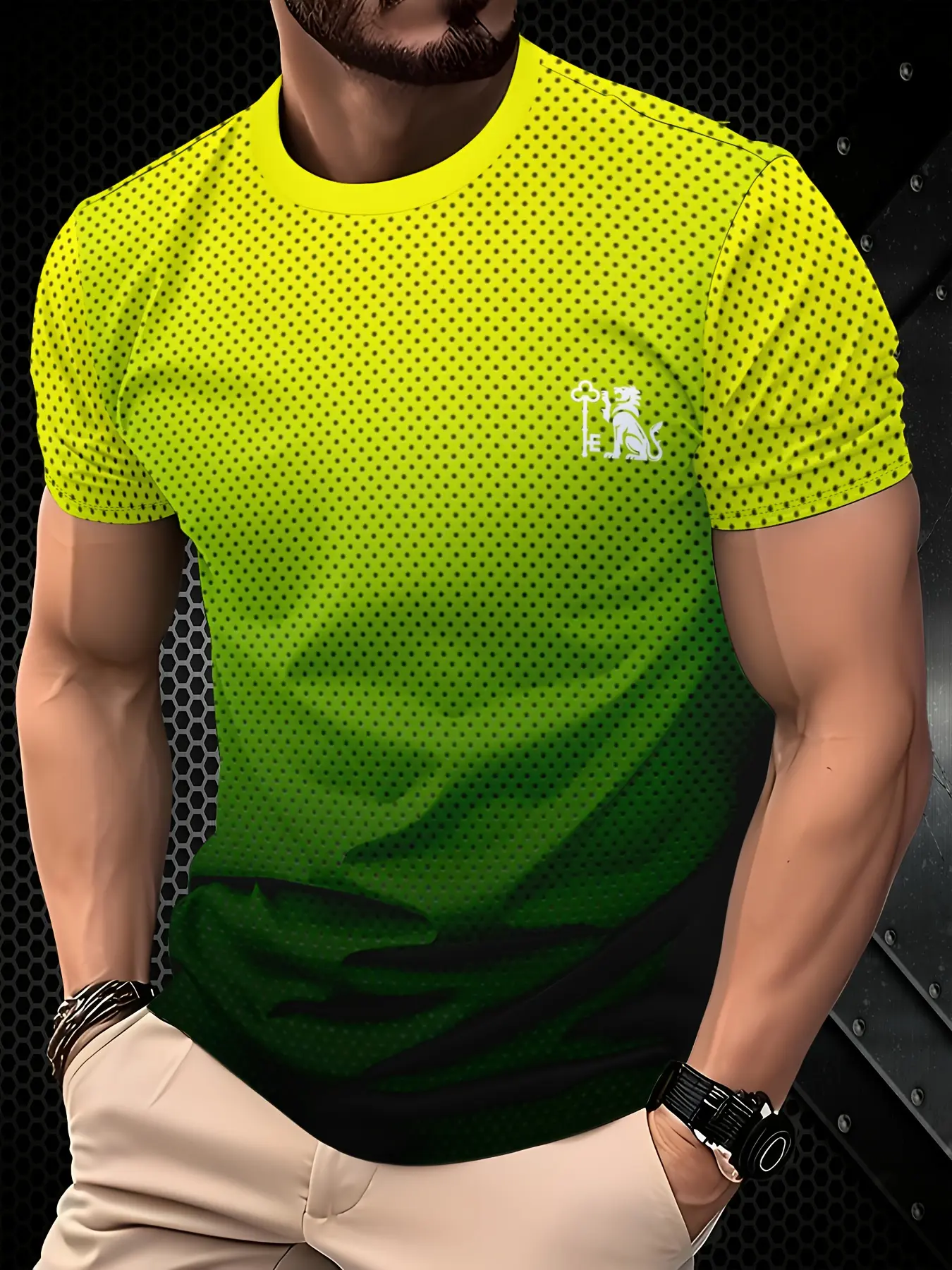 Men's Neon Green & Lime Glow-in-the-Dark 3D Print Polyester Knit Activewear T-Shirt - Breathable Round Neck Short Sleeve, Comfortable Fit Menswear Sports Clothes, Summer Tee for Night Out, Gym, Plus Size, Shortsleeve, Fabric, Night Effect, Quick Dry