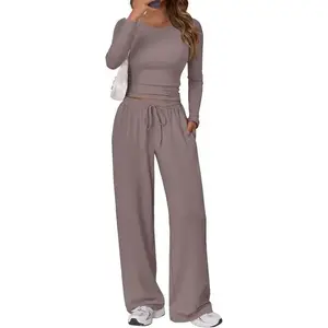 Women's 2 Piece Matching Lounge Set Long Sleeve Slightly Crop Top Wide Leg Pants Casual Sweatsuit（gift）