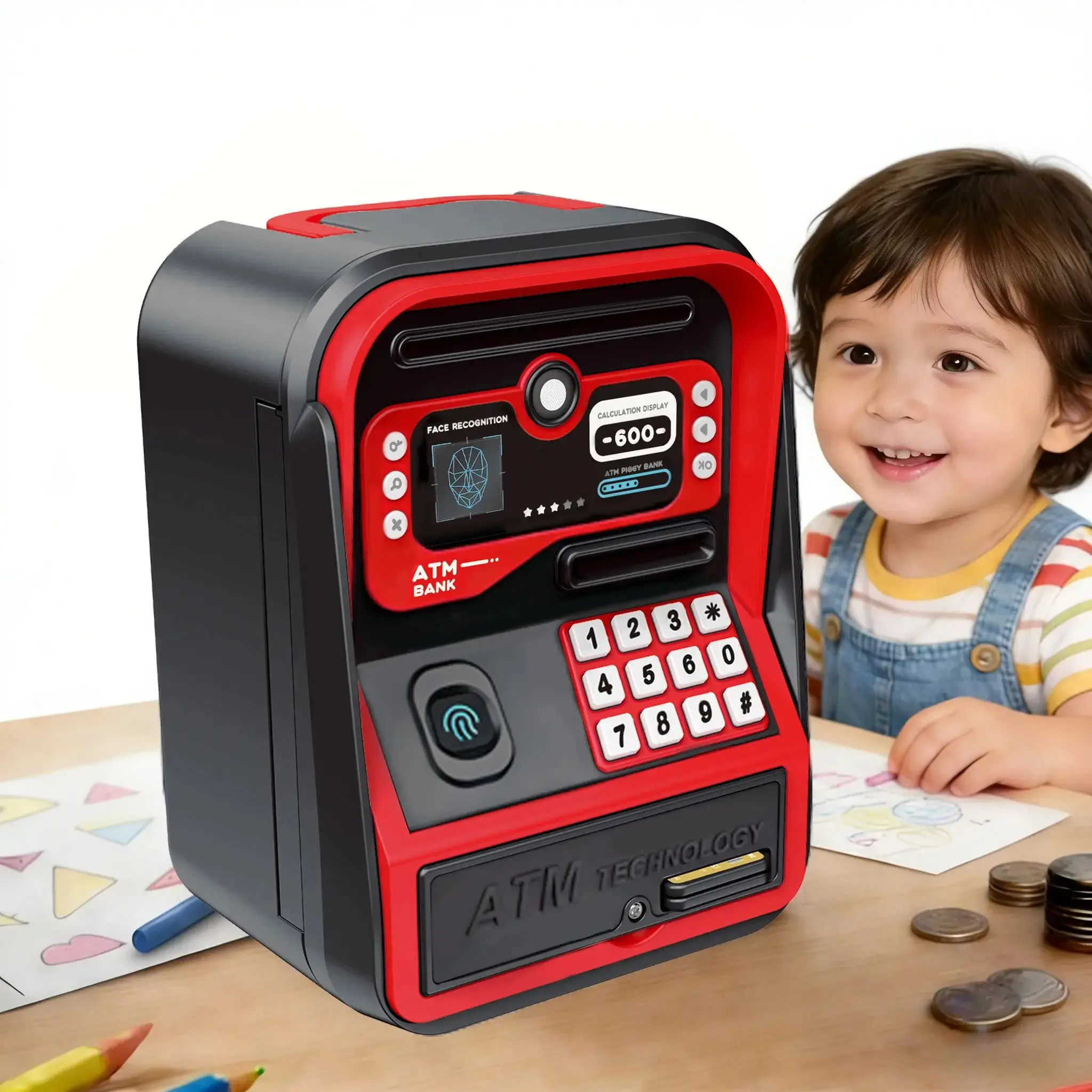 Piggy Bank for kids, Large Capacity Coin Bank Money Jar, Electronic ATM Coin Cash Bank with Password Code Lock and Auto Grab Bill Slot – Summer Gift & Children's Day Gift Cash Saving Box
