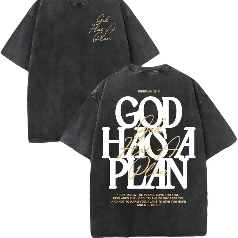 [100%cotton]Vintage Washed "God Has a Plan" Double-Sided Print  | 230gsm Heavyweight Christian Streetwear, Unisex Wide-Shoulder Fit, High-Quality Cotton Casual Top for Men & Women graphic tee funny shirts Graphic shirts,s day fashionoutfit ,trendy t-shirt