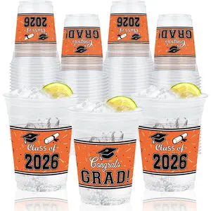 50 Pcs 16 oz Graduation Plastic Cups – Double-Sided Printed Disposable Cups with “Congrats Grad” and “Class of 2026” Designs for Graduation Party, School and Home Celebrations (Orange)