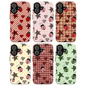 Ladybug Hearts Gingham Phone Case Set, Red Pink Green Bugs Spiral Stars Plaid Pastel Backgrounds With Sweet Garden Vibes, Play Now Aesthetic Gift, iPhone 16 15 14 13 12 11 Pro Max Plus X