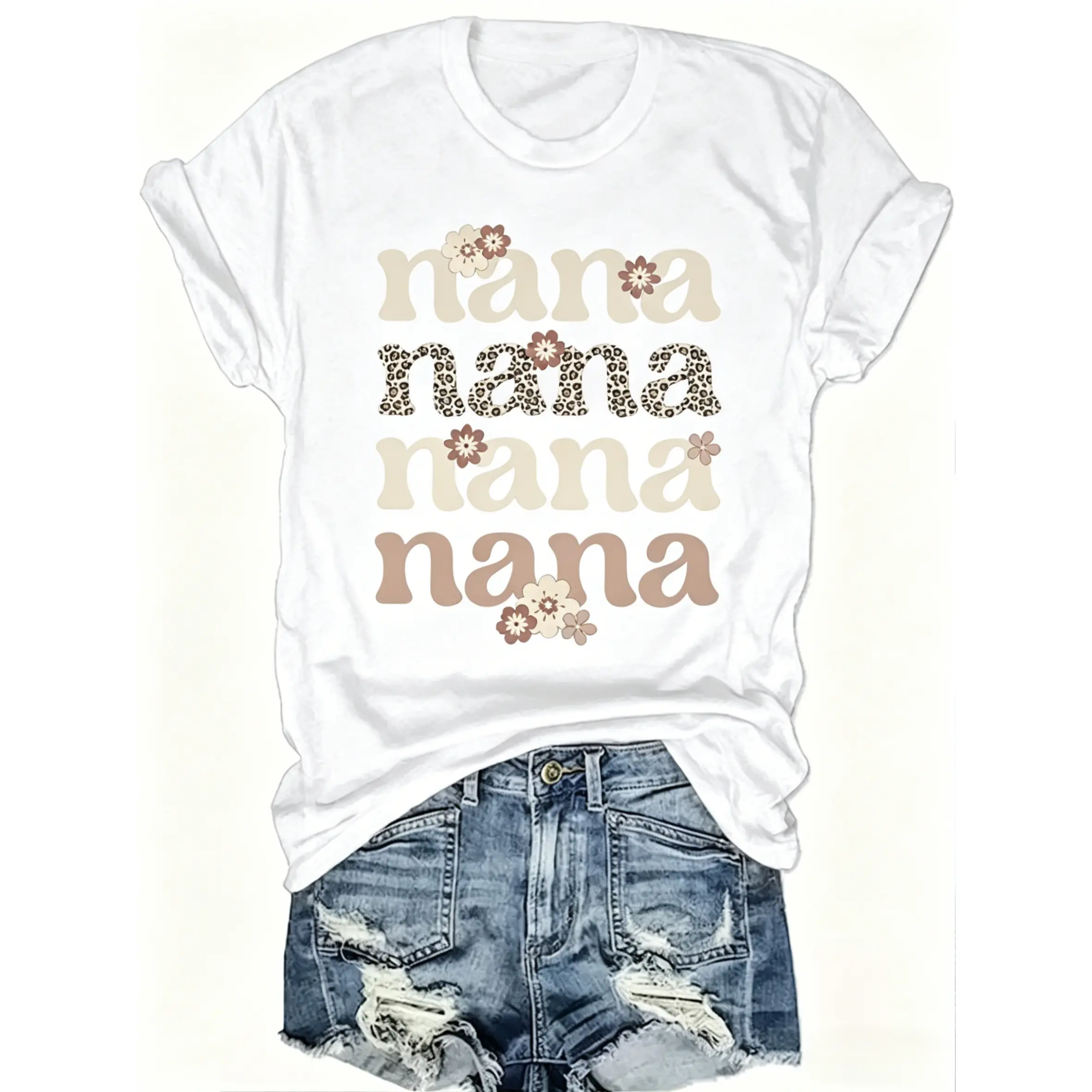 Crew Neck T-Shirt - Fashionable Womens Cute Nana Graphic Print T-Shirt - Casual Short Sleeve Crew Neck Top - Lightweight & Breathable for Spring & Summer Wardrobe