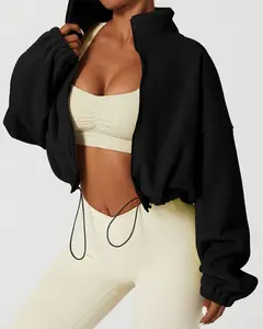 Women's Stand Collar Polar Fleece Jacket Relax Fit Baggy Winter Short Coat Long Sleeve Warm Crop Outwear Casual Fabric Womenswear Comfortable Fitted Day