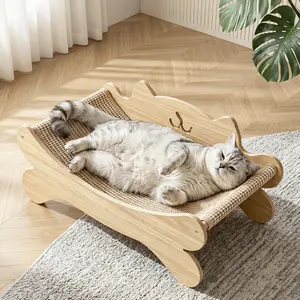 2-in-1 Wooden Rocking Chair & Scratcher Lounge - Curved Ergonomic Sisal Bed with Backrest, Elevated Breathable Solid Wood Frame, Durable Scratching Pad for Indoor Cats & Large Kittens