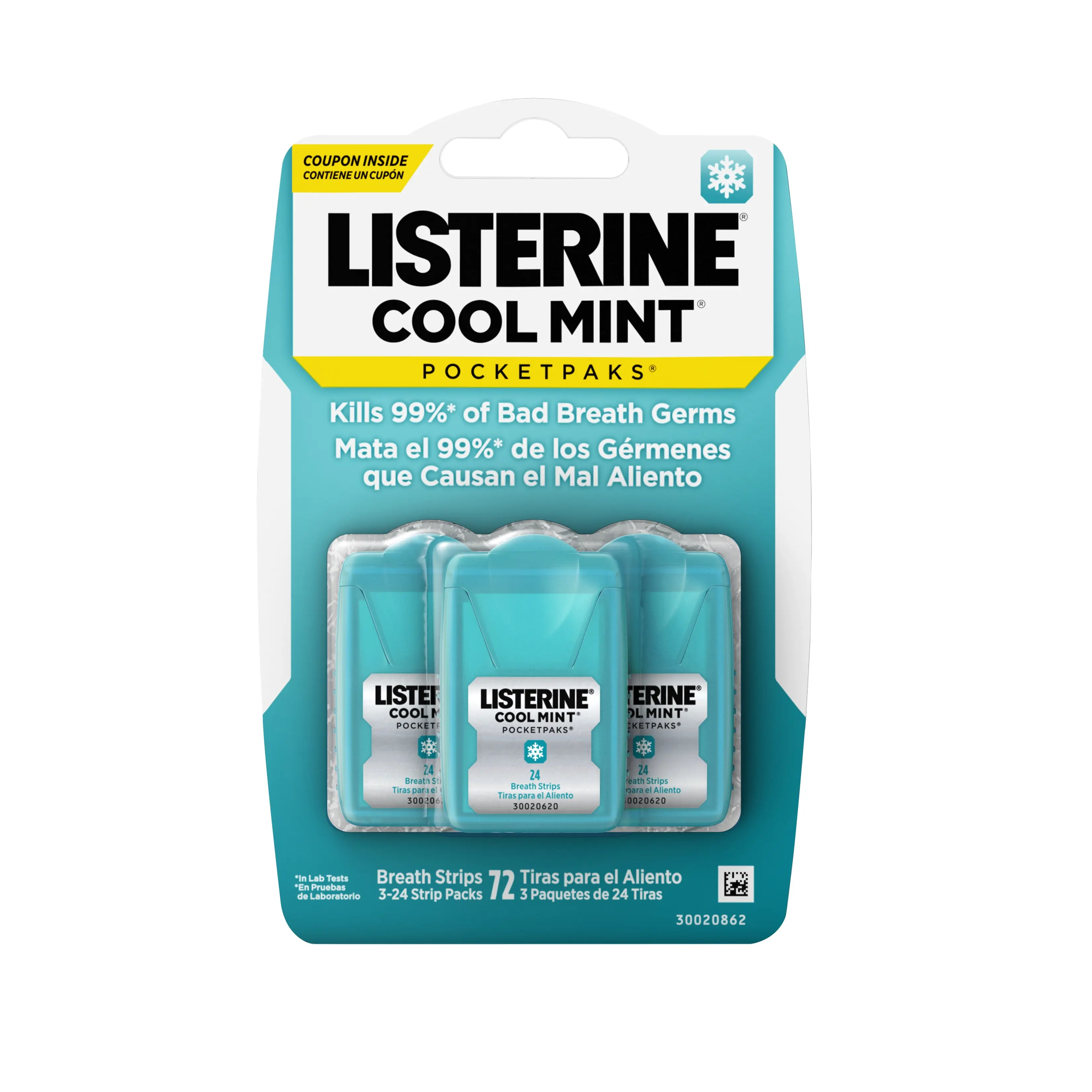 Listerine Cool Mint Pocketpaks Dissolving Breath Strips 3 Pack, 72ct total, Zero Sugar, Zero Alcohol, #1 Recommended Mouthwash Brand