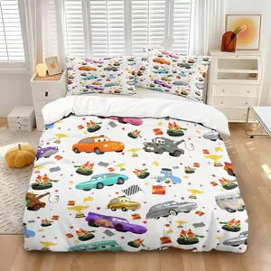 Childhood Animation Memories Full of Prints Cars Childlike Fun Print Duvet Cover Set, Including A Duvet Cover and 1/2 Piece of Non-Core Pillowcase, Soft and Comfortable Bedroom Bed Decoration