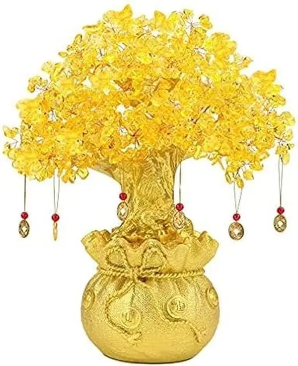 Feng Shui Citrine/Yellow Crytal Money Tree with Chinese Dragon Pots