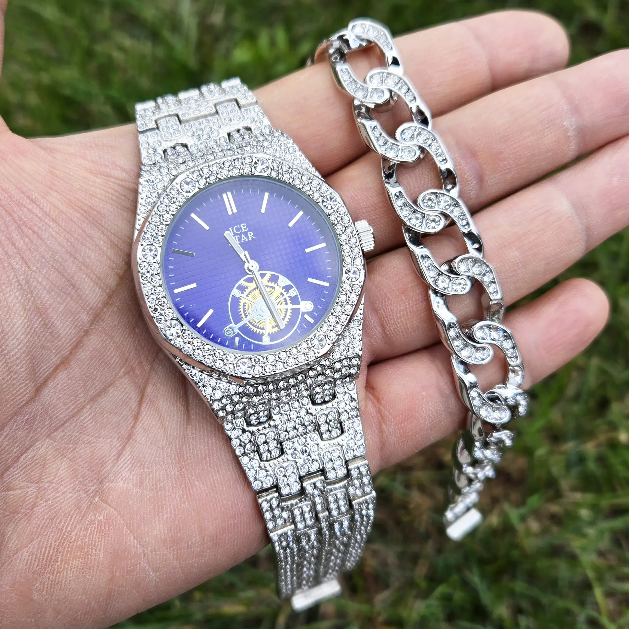 MaxBling81 Men's Iced Out Analog Watch Gift Set - 40mm Round Face, Silver-Plated Blue Dial, Simulated Diamond Accents, Full Iced Cuban Link Metal Strap, Casual Luxury Hip Hop Fashion Accessory Watch, Watches