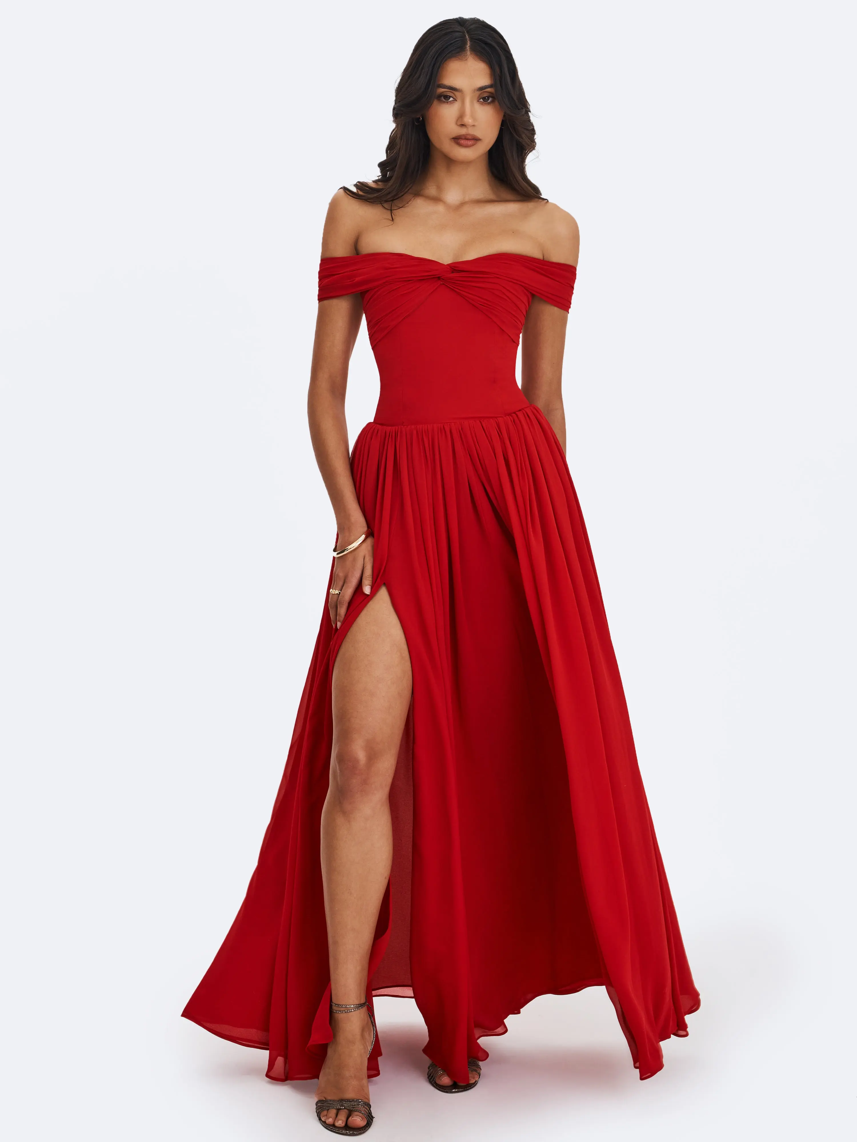 Tereza Crimson Georgette Bardot High-Slit Maxi Dress - TikTok Shop Tereza Crimson Georgette Bardot High-Slit Maxi Dress - TikTok Shop