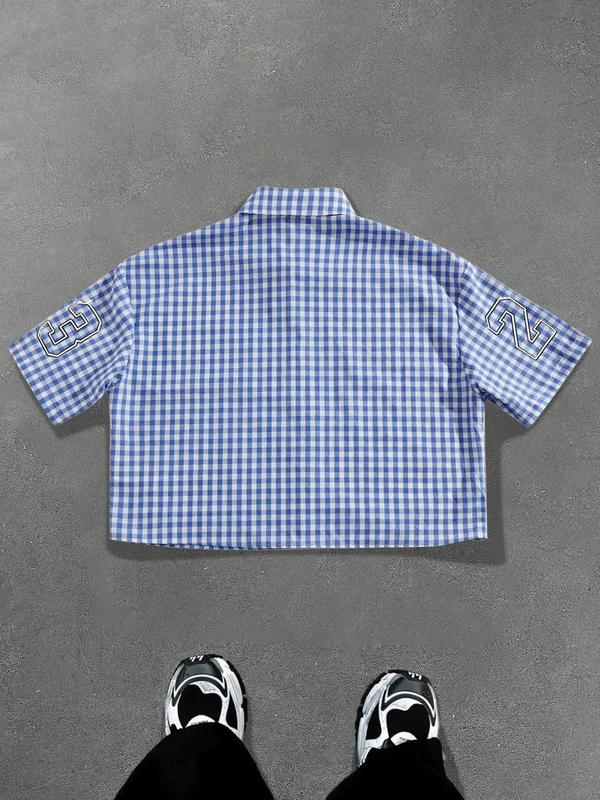 Men's Regular " Los Angeles " Print Short Sleeve Shirt, Casual Retro Gingham Shirt for Daily Wear, Fashion Men's Top for Summer, Fitted