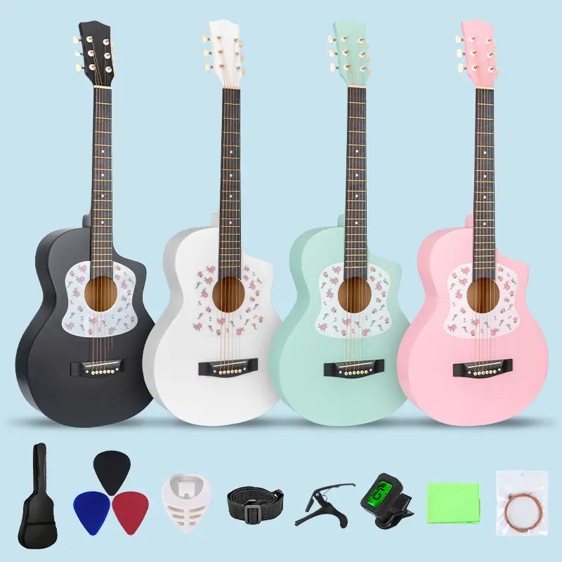 38-inch high-quality acoustic wooden guitar, beginner-friendly folk guitar set, patterned design, lightweight and easy to carry, available in multiple colors, a beautiful gift