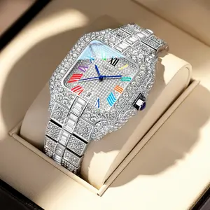 Ice Out Moissanite swrist watch automatic waterproof 42mm Square Face Dual-Gender Luxury All-Metal Waterproof Diamond-Embellished Quartz Analog Watch - Ideal for Business Banquets, Valentine's Day Gift