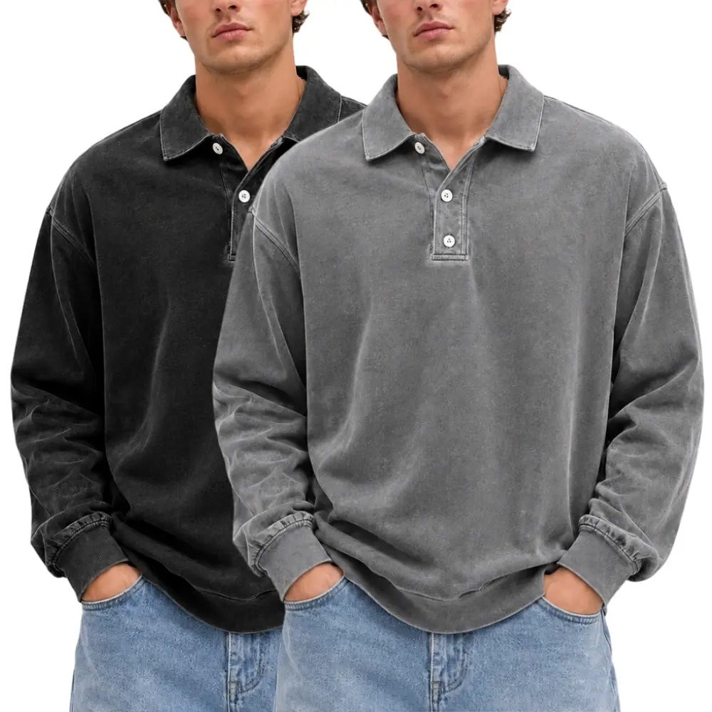 Gihuo 2 Pack Men's 100% Cotton Vintage Acid Washed Long Sleeve Polo Shirt, Oversized Tops Button Collar Pullover, Casual Streetwear Sweatshirt Menswear