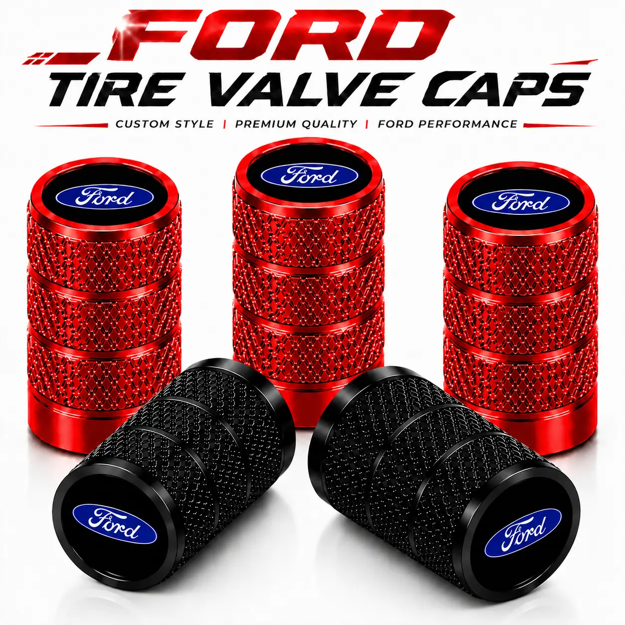 Premium 5 Pack Aluminum Alloy Tire Valve Stem Caps with Rubber Seal For Ford F-150 Explorer Bronco Escape Ranger Maverick F-250 Anti-Rust Dustproof Airtight Leak-Proof Tool-Free Install All Weather Fit Truck SUV Pickup Exterior Replacement Parts