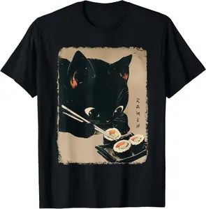 100% Cotton Unisex Kawaii Cat Eating Sushi Funny Japanese Anime Cute Cat T-Shirt