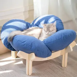 Cat elevated bed, wooden with cushion, soft fur pet sofa, suitable for indoor cats, elevated cat lounge chair, suitable for puppies, cat furniture (dark blue)