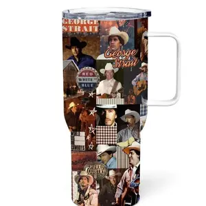 [ On Sale 45% ] King of Country Music 40oz Tumbler with Handle Straw Texas Legend Cowboy Singer Graphic Insulated Travel Mug Retro Western Fan Gift
