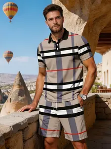 Men's Luxury Polo Set, Polyester Plaid Collar Short Sleeve Top + Plaid Drawstring Shorts, High-End Casual Men's Fashion, Loose-Fitting All over Print