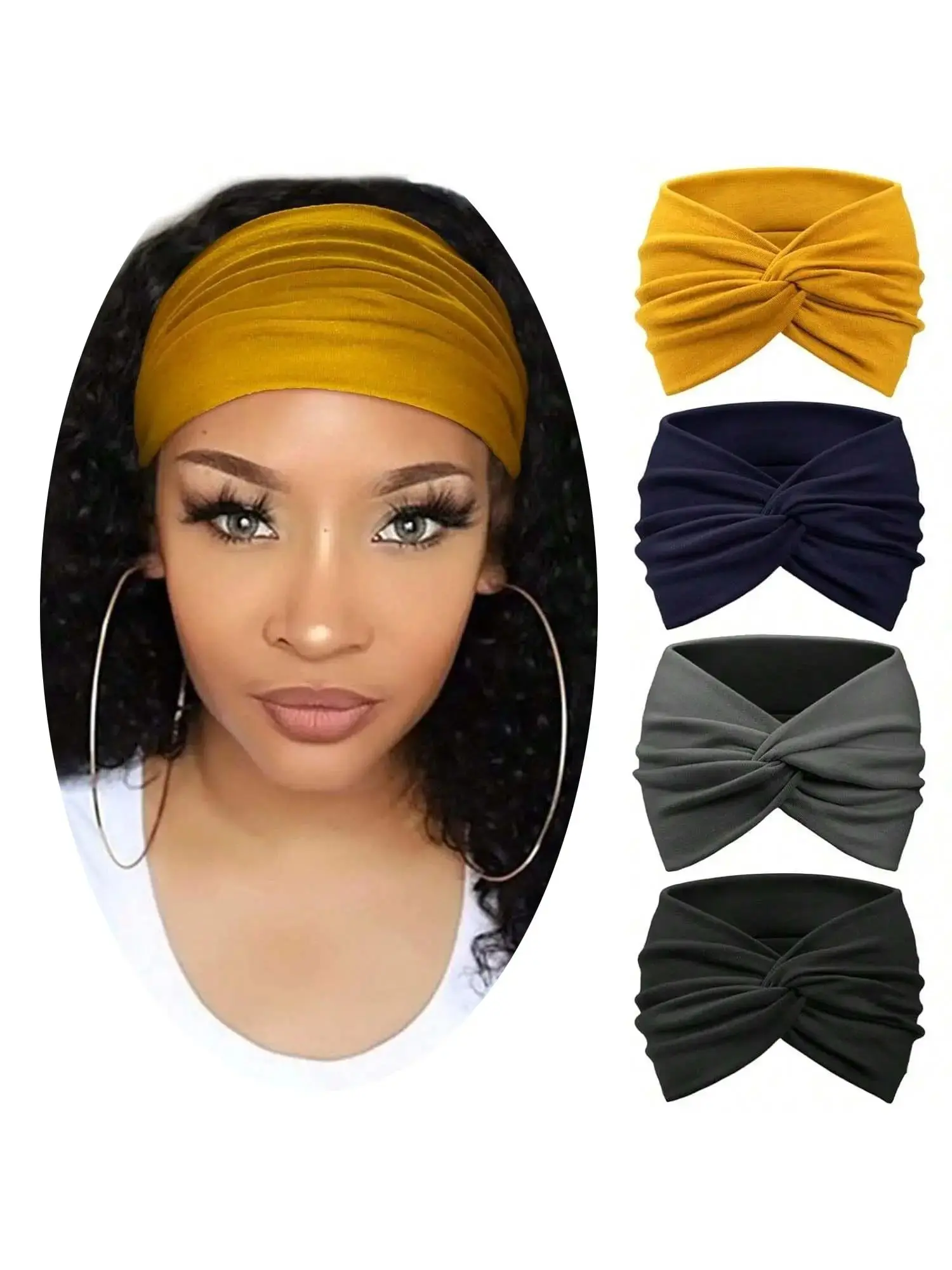4Pcs Solid Color Fashion Headbands for Women, Viral TikTok Wide Knot Elastic Hair Bands, Non-Slip Stretchy Turban Headwrap, Soft Boho Hair Accessories for Edges, Makeup, Gym, Yoga, Daily Wear, Trendy Y2K Forehead Headbands Set for Girls Gift, Hairbands