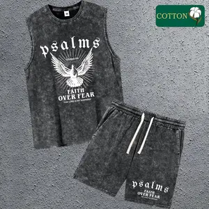 Men’s Fashion Cotton Sports Casual Short-Sleeve Tank Top and Shorts Set — American street Y2K trend with a snowflake letter print and a unique design; comfortable, breathable, lightweight fabric for surfing and basketball; suitable for all seasons; a prem