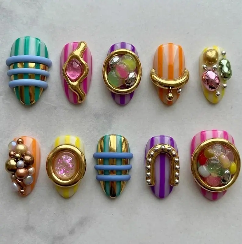 Press On Nails Pop Art Candy Aesthetic 3D Colorful Stripes Jelly Ornaments And Gold Hoops