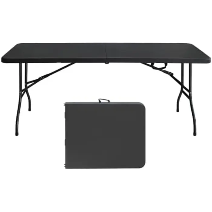 6 Ft Plastic Folding Table, Portable Fold-in-Half Table with Iron Legs, Carrying Handle, Outdoor Rectangular Fold Out Table for Dining, Picnic, Party Camping, Barbecues