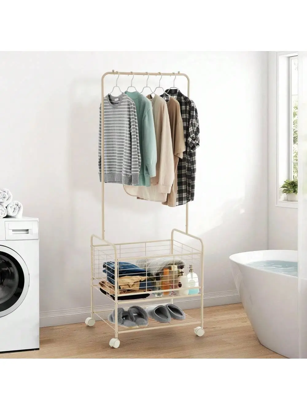 Gaomon Durable Metal Rolling Laundry Cart with Wheels - Sturdy, Stable, Smooth, Minimalist Indoor Furniture Organizer with Hanging Rack, Decor Shelf, Removable Trays, Wipeable Surfaces for Bathroom Fabric Softener, Detergent, Folded Clothes Storage, Multi