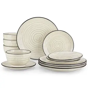 vancasso Bonbon Tableware Sets for 4 People, 12-Piece Dinner Service with Plates and Bowls, Crockery Set with Dinner Plates, Dessert Plates and Bowls, Hand-Painted Spiral Pattern Tableware Sets
