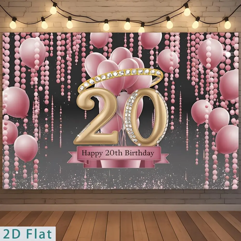 1pc Durable Soft Hangable 2D Flat Polyester Hanging Party Banner - Glam Pink Golden Diamond 20th Birthday Backdrop, Decorative Throws, with Balloons, Tassels, Easy to Hang, No Electricity Required, for Party Decor