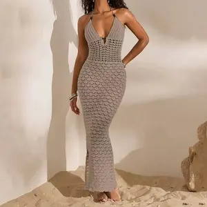 Women's Halter Neck Sleeveless Crochet Hollow-out Bodycon Long Dress, Elegant Slim-fit Maxi Dress for Summer Beach Vacation, Pool Party & Casual Evening Wear