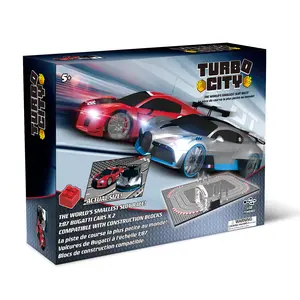 Turbo City Slot Car Track Small - World's Smallest Slot Race Track with 1:27 Bugatti Cars X2 Compatible with Construction Blocks