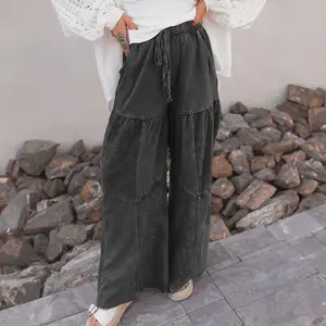 Women's Mineral Wash Pants Tiered Wide Leg Patchwork Denim Drawstring High Waist Boho Adjustable Trousers Sweatpants Casual Womenswear