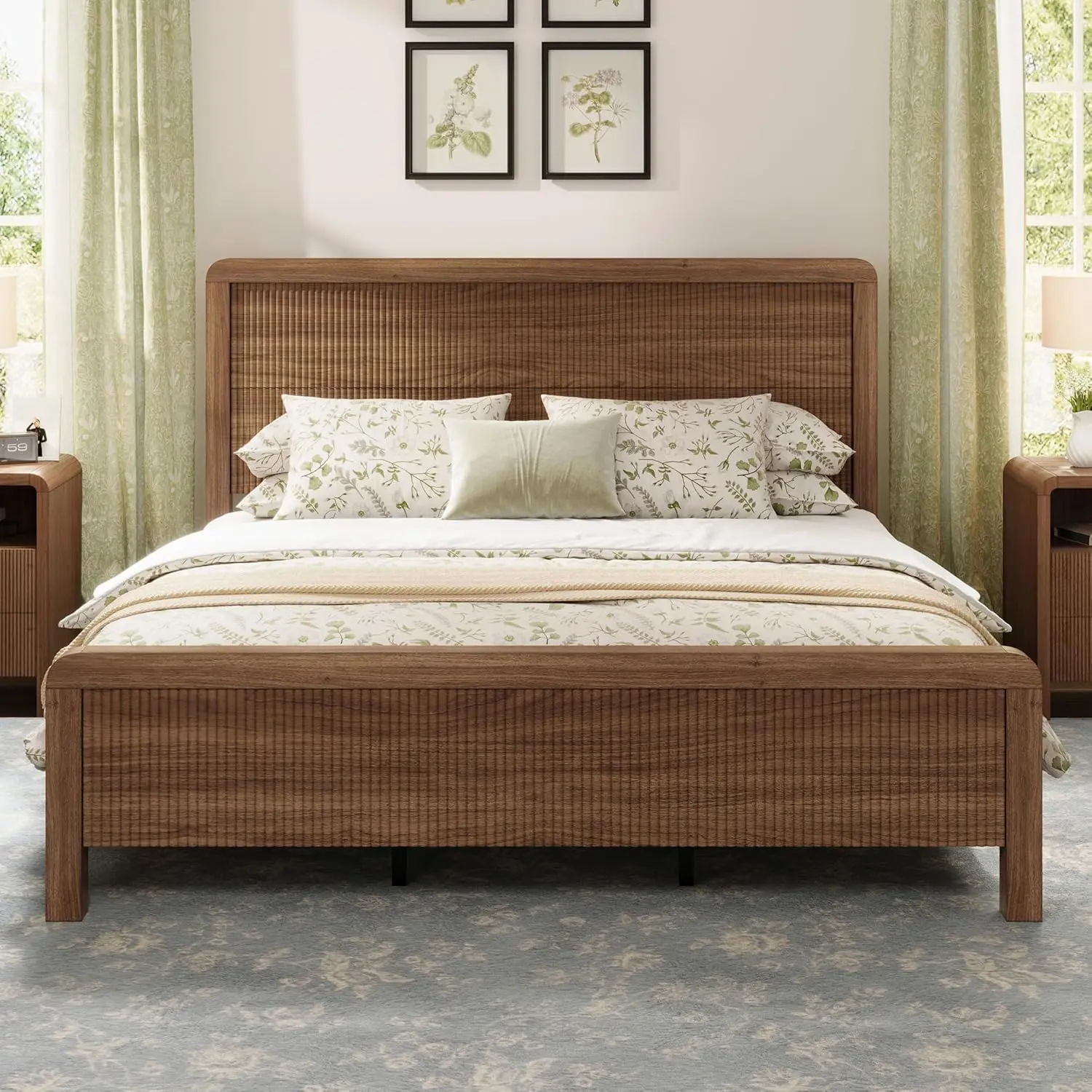 [Summerwins] [SummerFinds] AMERLIFE Wood Bed Frame with Headboard & Footboard, Modern Fluted Wooden Platform Bed Frame with Rounded Safety Edges, Wood Slat Support, No Box Spring Needed, Easy Assembly