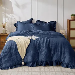 Navy Blue Queen Comforter, 3 Seersucker Comforters Queen Size, Lightweight  Fluffy Sets Queen for with 1 Ruffle Comforter and 2 Ruffle Pillowshams
