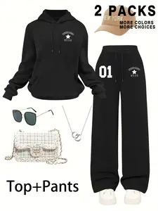Girls' Letter Print Hoodie Set, Hooded Sweatshirt & Solid Straight-Leg Pants, Casual Street Style for Tweens