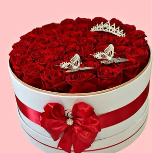 40 Box of Preserved Roses with Elegant Red Bow and Butterfly Accents for Special Occasions